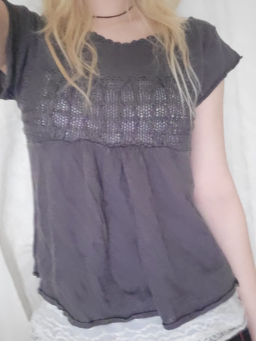 Women's Charcoal Crochet Yoke Short Sleeve Top